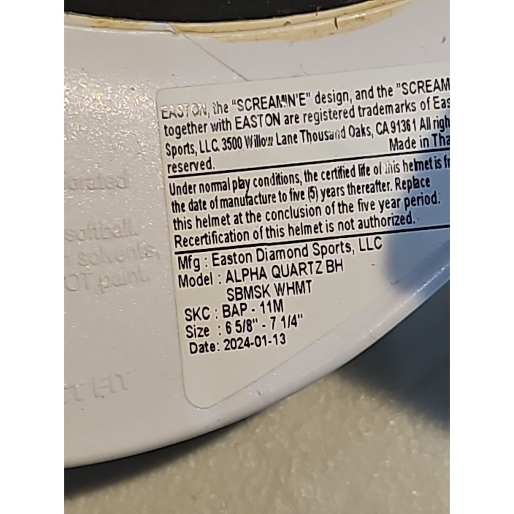 Easton Alpha Quartz Softball Battling Helmet - White size: M/L 6 5/8 - 7 1/4 - Picture 11 of 11